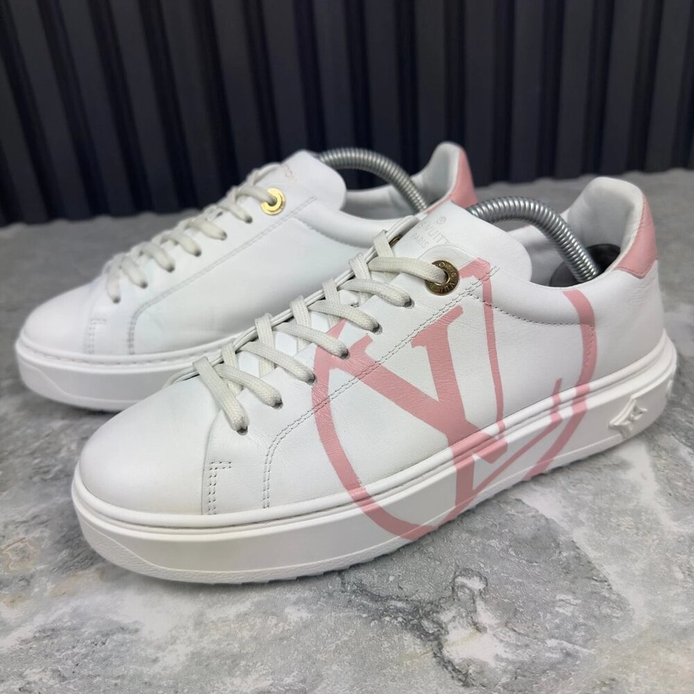 Louis Vuitton Time Out Sneakers Pink Logo White Leather 7 US or 37 EUR